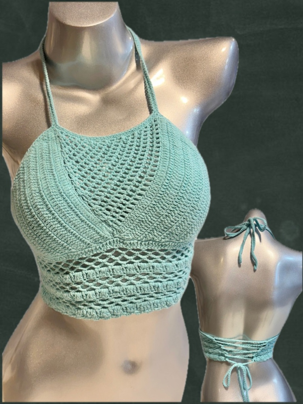 VINTAGE crochet halter‎ tank top corset lace back backless boho aqua teal y2k
